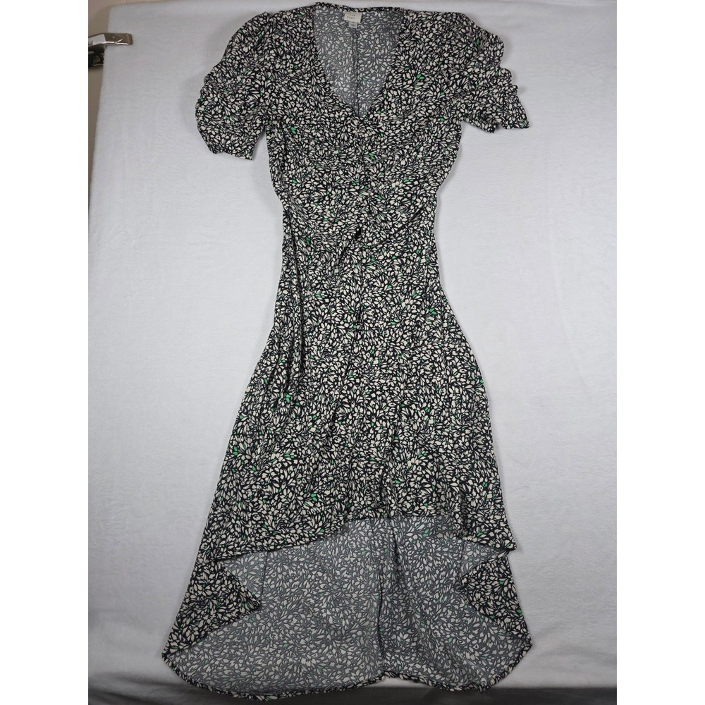 High-Low Midi Dress Floral Puff Sleeve Size Medium Black Green Casual Boho